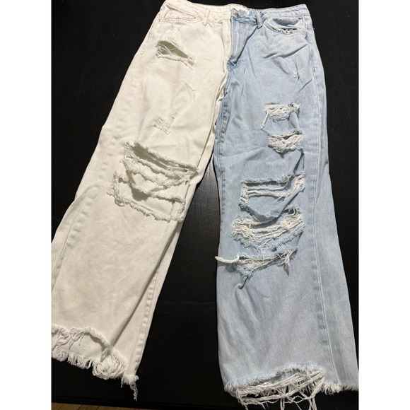 Vervet Denim - Vervet Los Angeles Two Tone Colorblock Distressed Wide Leg Jeans White Blue 29